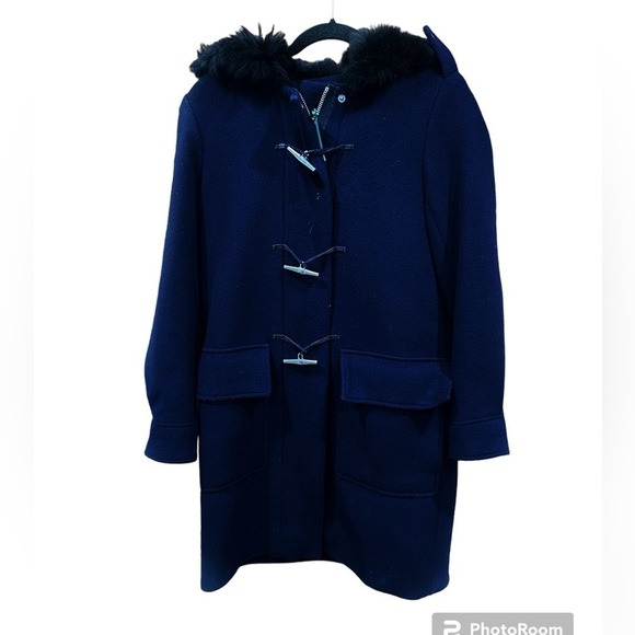 Club Monaco Navy Blue Lamb Fur Hooded Wool Coat Small - Picture 2 of 9